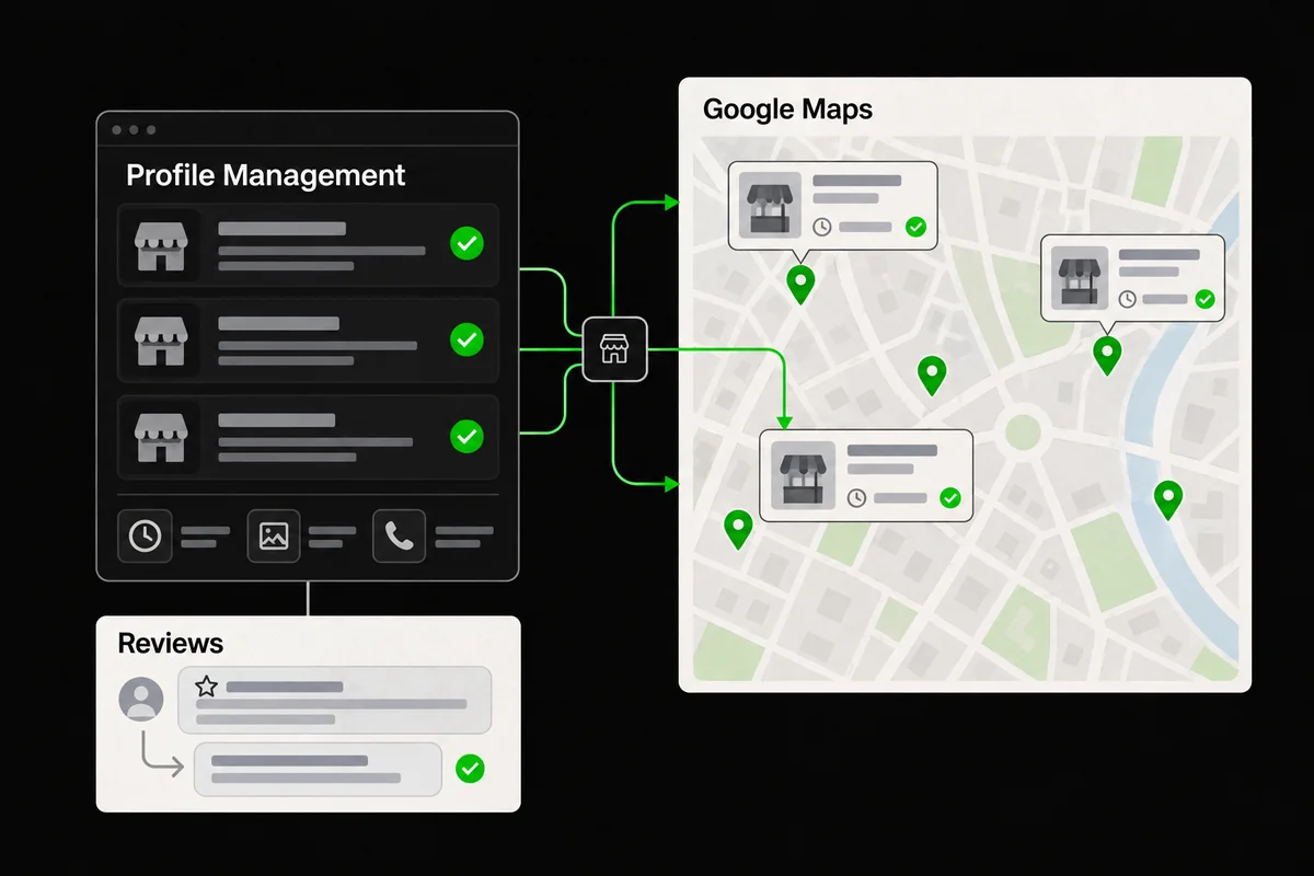 Illustration of centralized profile management connected to multiple branches on a schematic map and review replies