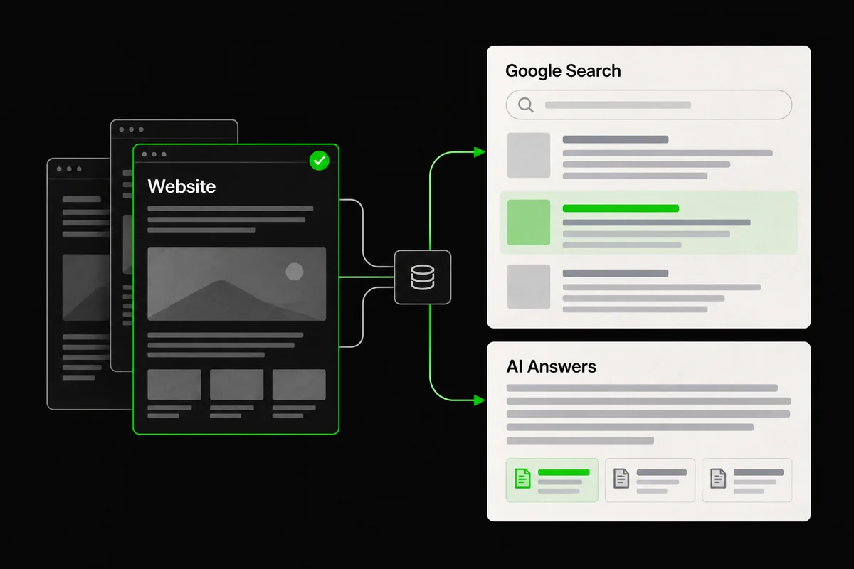 Illustration of website content becoming visible in Google Search and AI answers