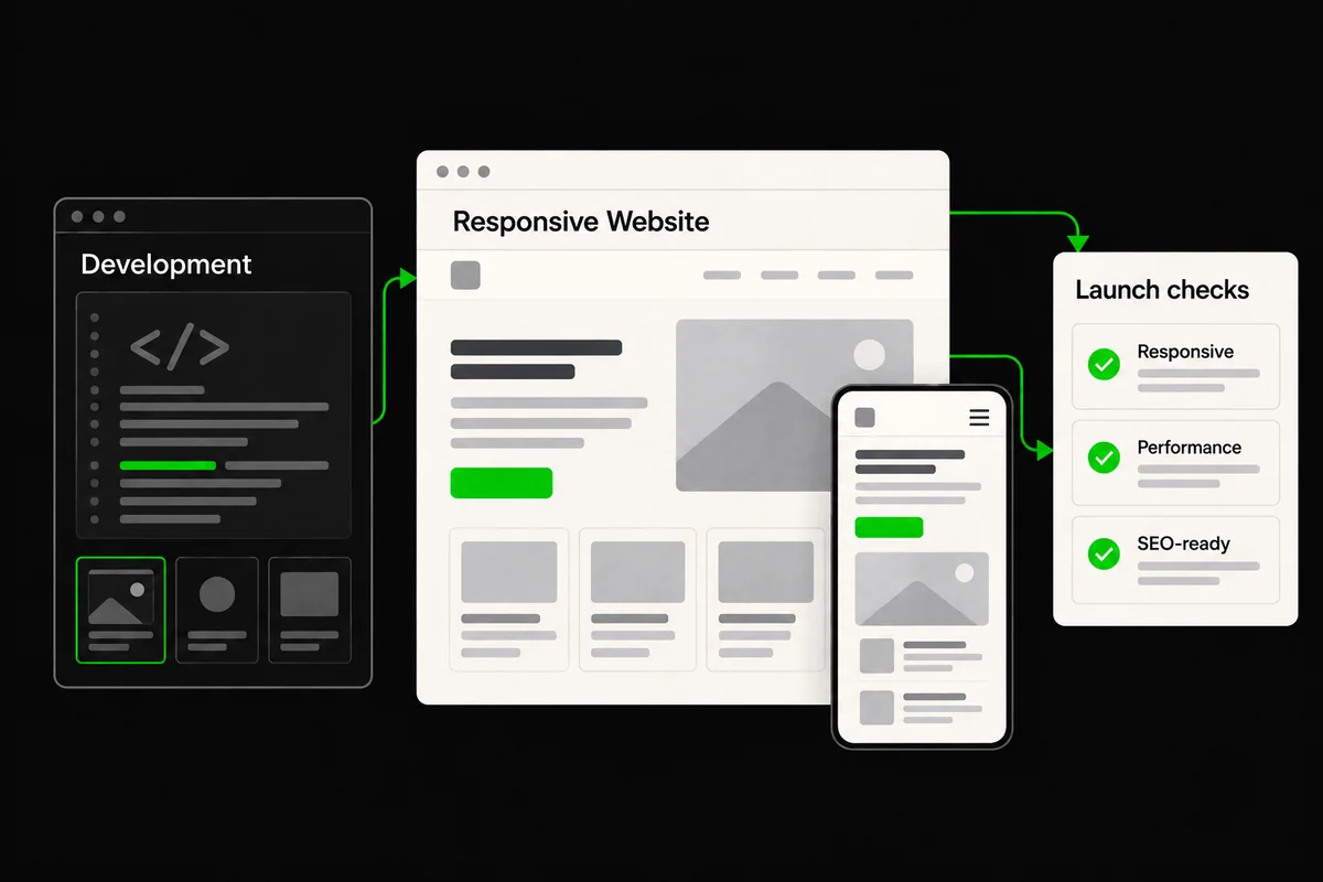 Illustration of development leading to a responsive website and launch checks